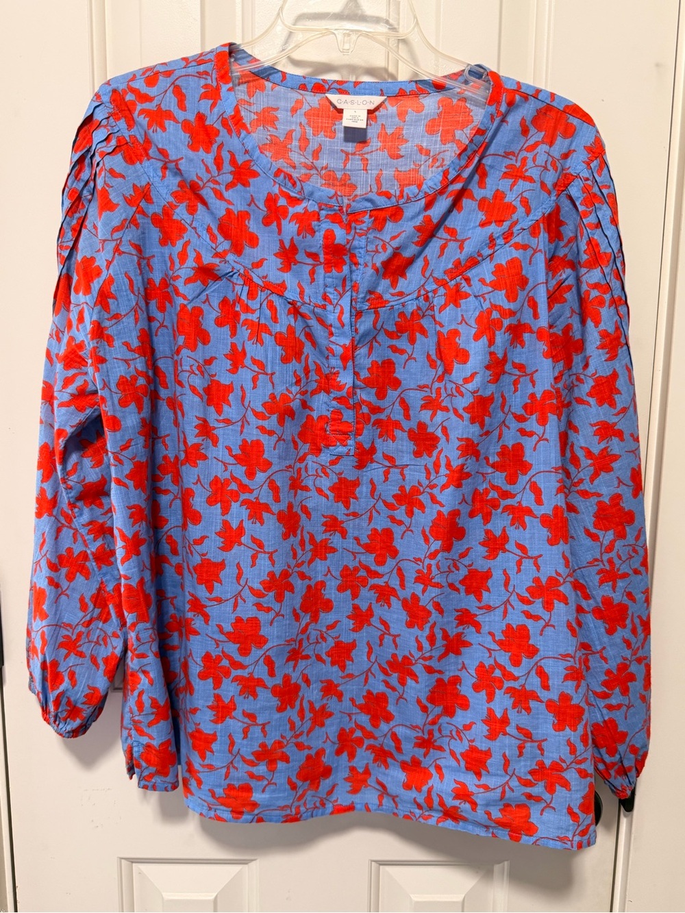Caslon Blue Blouse with Red Floral Print